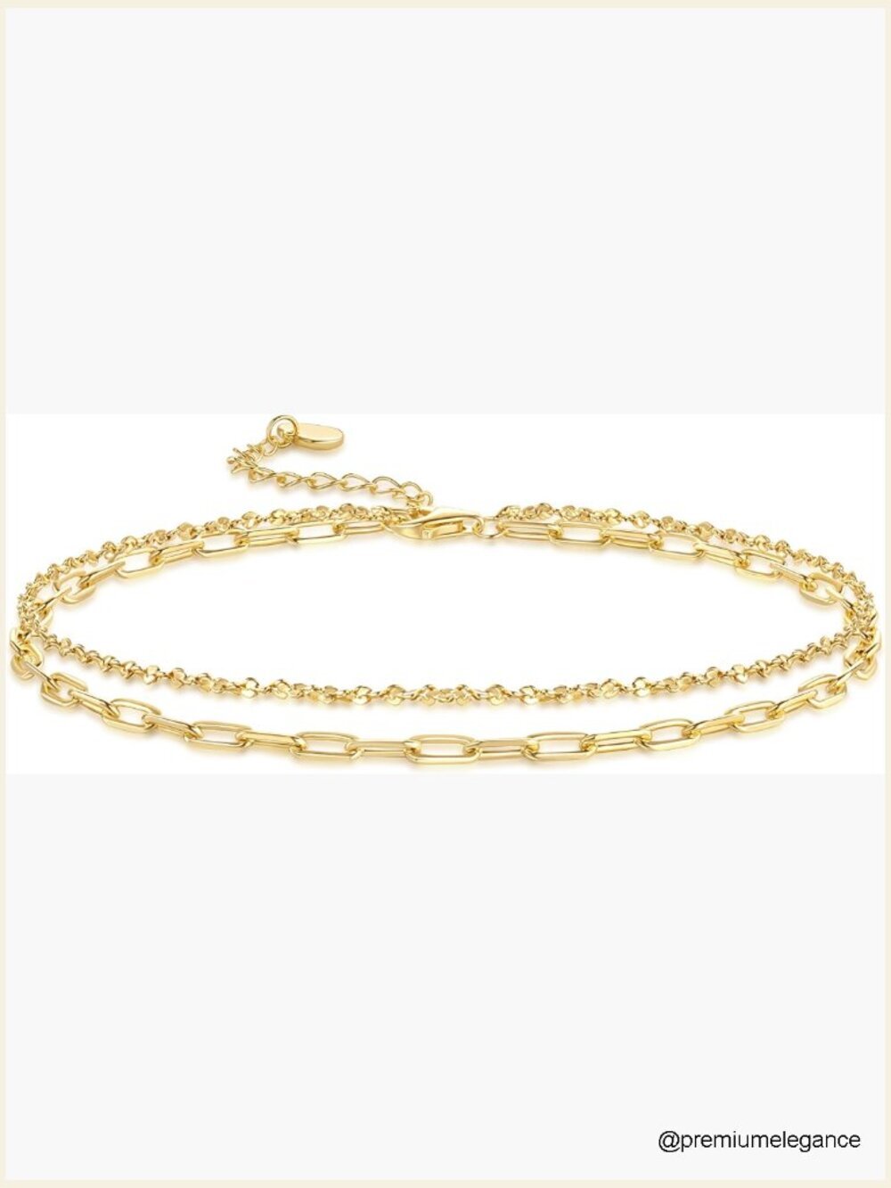 Double-layer paperclip link gold anklet, adjustable chain